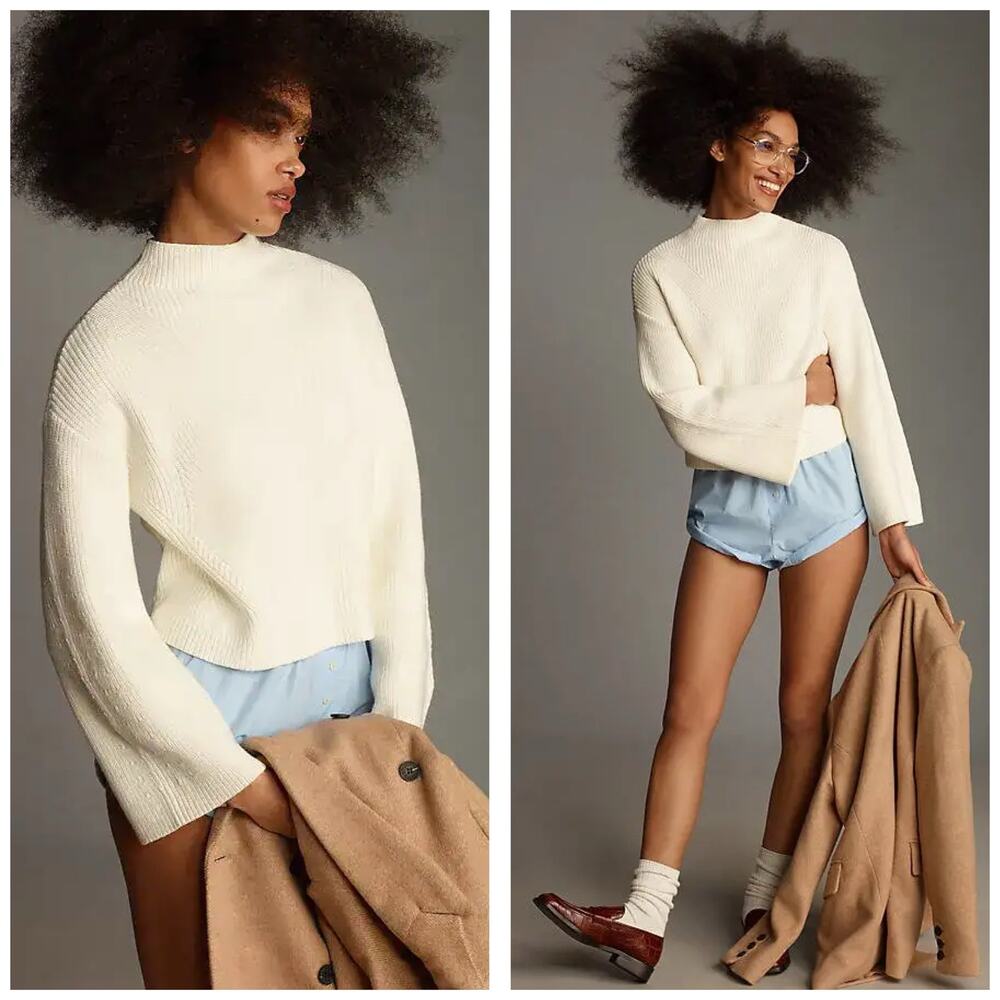 Anthropologie Maeve Katey Mock Neck Bell Sleeve Sweater Cream Size XXS